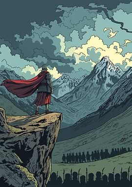 Warrior on Cliff Overlooking Army