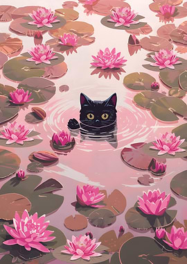 Black Cat in Pink Lily Pond