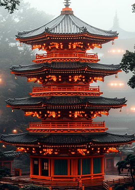 Red Japanese Pagoda in Fog