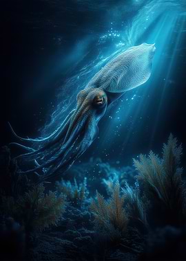 Underwater Squid in Blue Light
