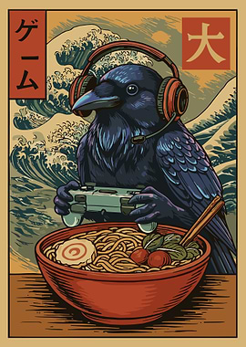 Raven Gamer Ramen Poster, Japanese Art Style Wall Print, Anime Gaming Room Decor