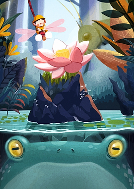 Fantasy Lake Scene with Frog and Fairy