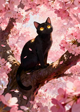 Black cat in cherry blossom tree