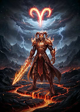 Aries Zodiac Warrior in Fiery Fantasy Landscape