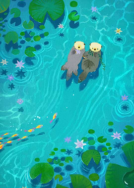 Otters in Pond with Lily Pads