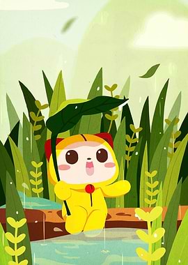 Cartoon Bear in Rain with Leaf