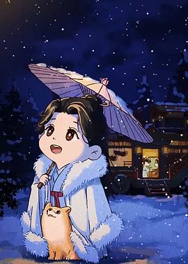 Chibi Character with Dog in Winter