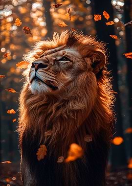 Lion in Autumn Leaves