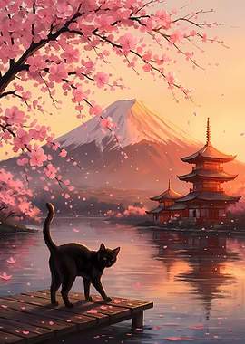 Black Cat, Cherry Blossoms, and Pagoda