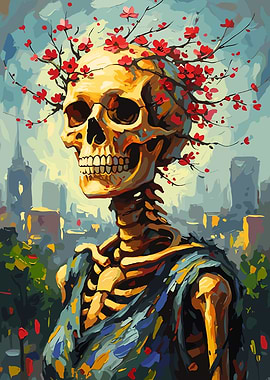 Floral Skull in Cityscape Painting