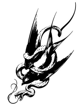 Snake and Bird Black Ink Illustration