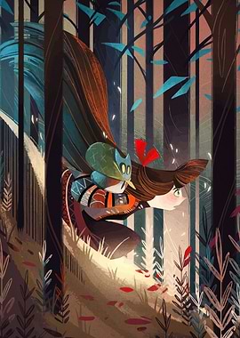 Girl and Owl in Forest Illustration