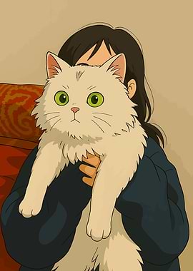 Girl holding a fluffy white cat