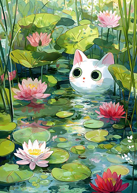 Cat in Lily Pond Illustration