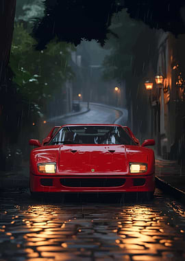 Red Ferrari F40 in the Rain
