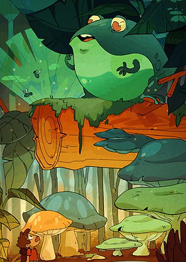 Cartoon Frog on Log with Boy