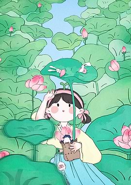 Girl with Lotus Flowers and Leaves