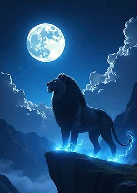 Lion on a Cliff Under Moonlight