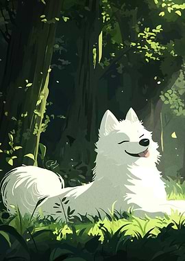 Happy White Dog in Forest