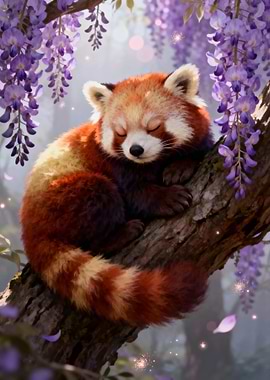 Sleeping Red Panda in Wisteria Tree