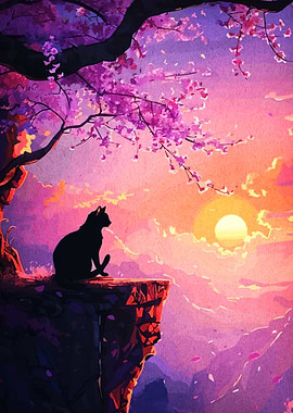 Cat Silhouette Under Cherry Blossom Tree