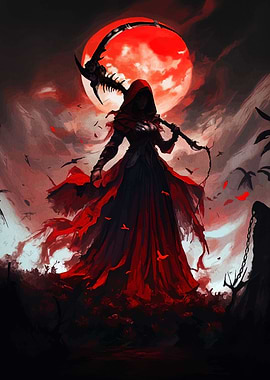 Red Reaper with Scythe and Moon