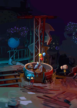 Stylized Amusement Park Scene at Night