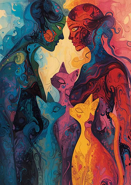 Colorful Figures and Cats Abstract Art