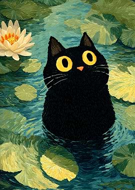 Black Cat in Lily Pond Painting
