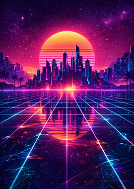 Synthwave Cityscape with Grid and Sunset