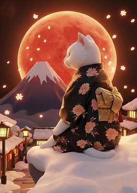 Cat in Kimono with Mount Fuji