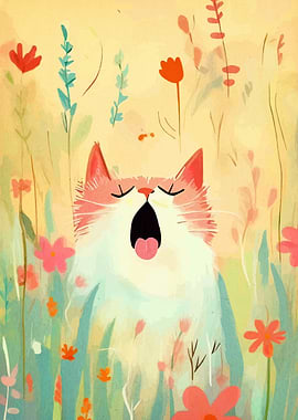 Yawning Cat in Floral Meadow