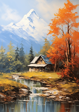 Autumn Cabin by Mountain Stream Painting