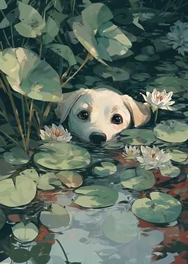 Dog in a Lily Pond