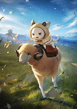 Child Riding Ram in Pastoral Landscape