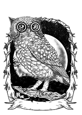 Owl with Glasses Black and White