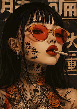 Tattooed Woman with Cigarette and Sunglasses
