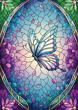 Stained Glass Butterfly with Floral Border