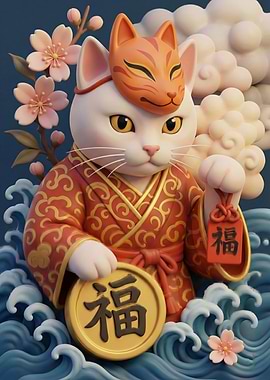 Lucky Cat with Fox Mask