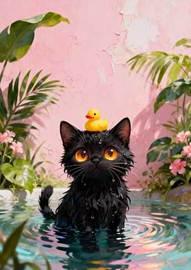 Wet Black Cat with Rubber Duck