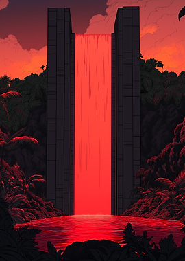 Red Waterfall in Jungle Landscape