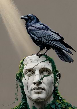 Raven Perched on Ancient Statue Head