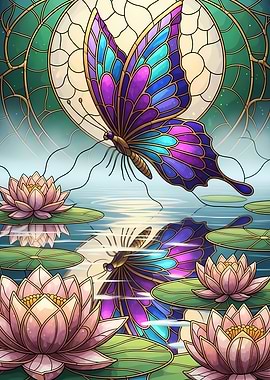 Butterfly and Lotus Flowers Stained Glass