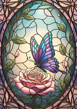 Butterfly and Rose Stained Glass Art