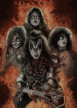 KISS Band Illustration with Fire Background