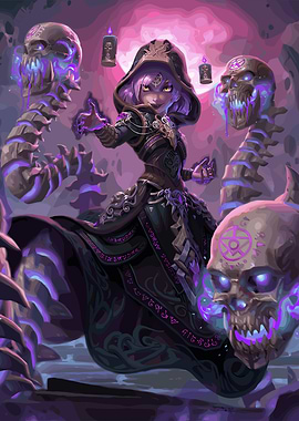 Hooded Sorceress with Skulls and Candles
