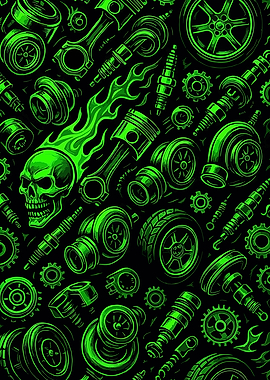 Green Automotive Parts Pattern with Skull