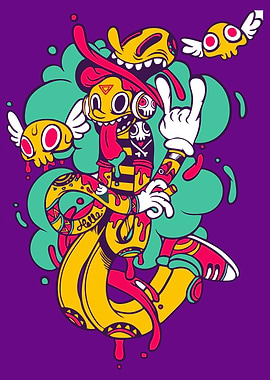 Cartoon Character with Skulls and Hand Sign