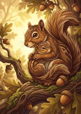 Squirrel Mother and Baby in Tree