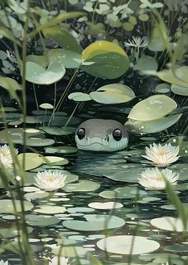 Cute Snake in Lily Pond